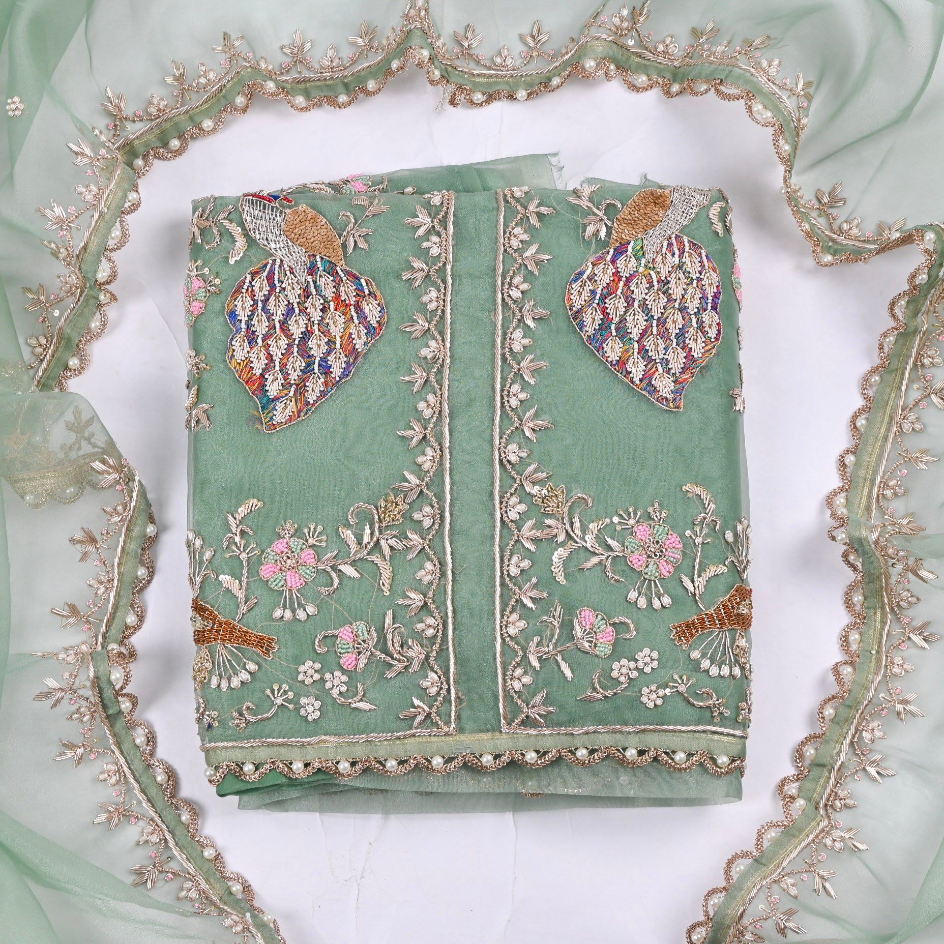 Glass Organza Pista Green Unstitched Suit
