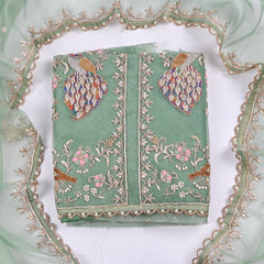 Glass Organza Pista Green Unstitched Suit