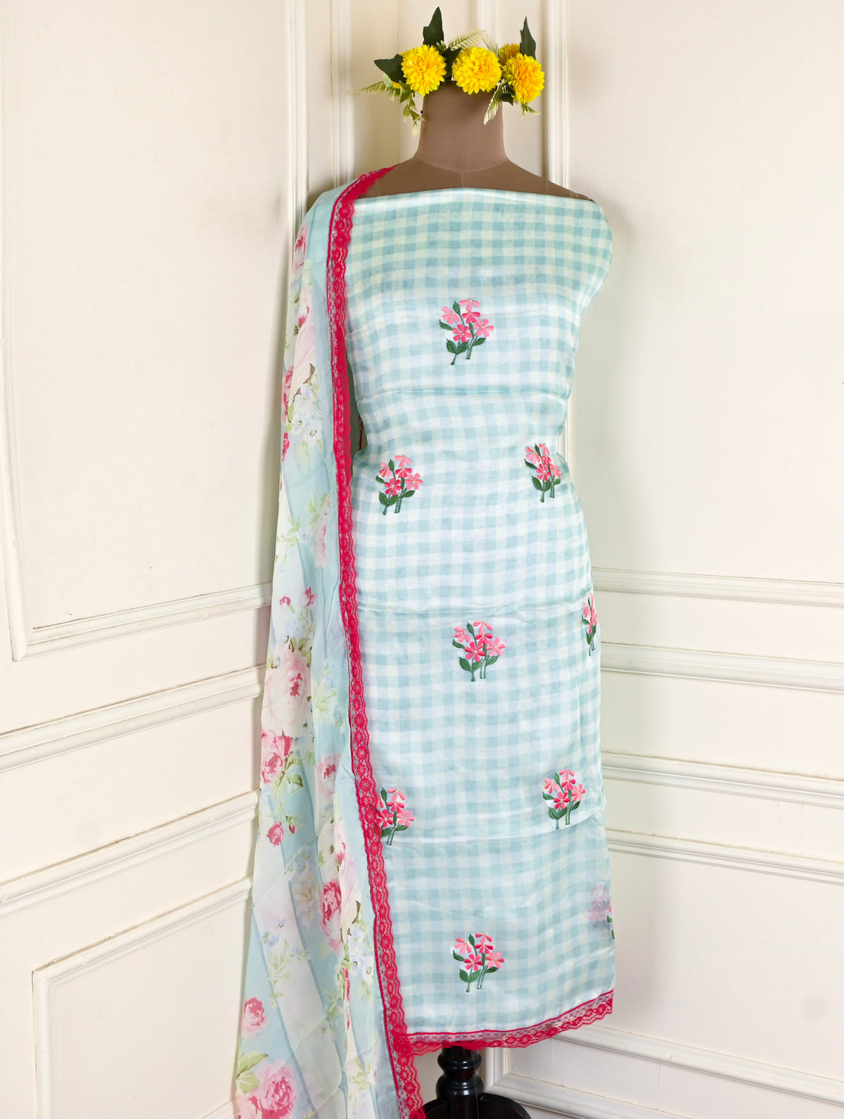 Twill Organza Pista Green Unstitched Suit