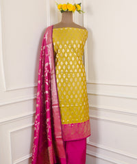 Banarasi Silk Yellow Unstitched Suit