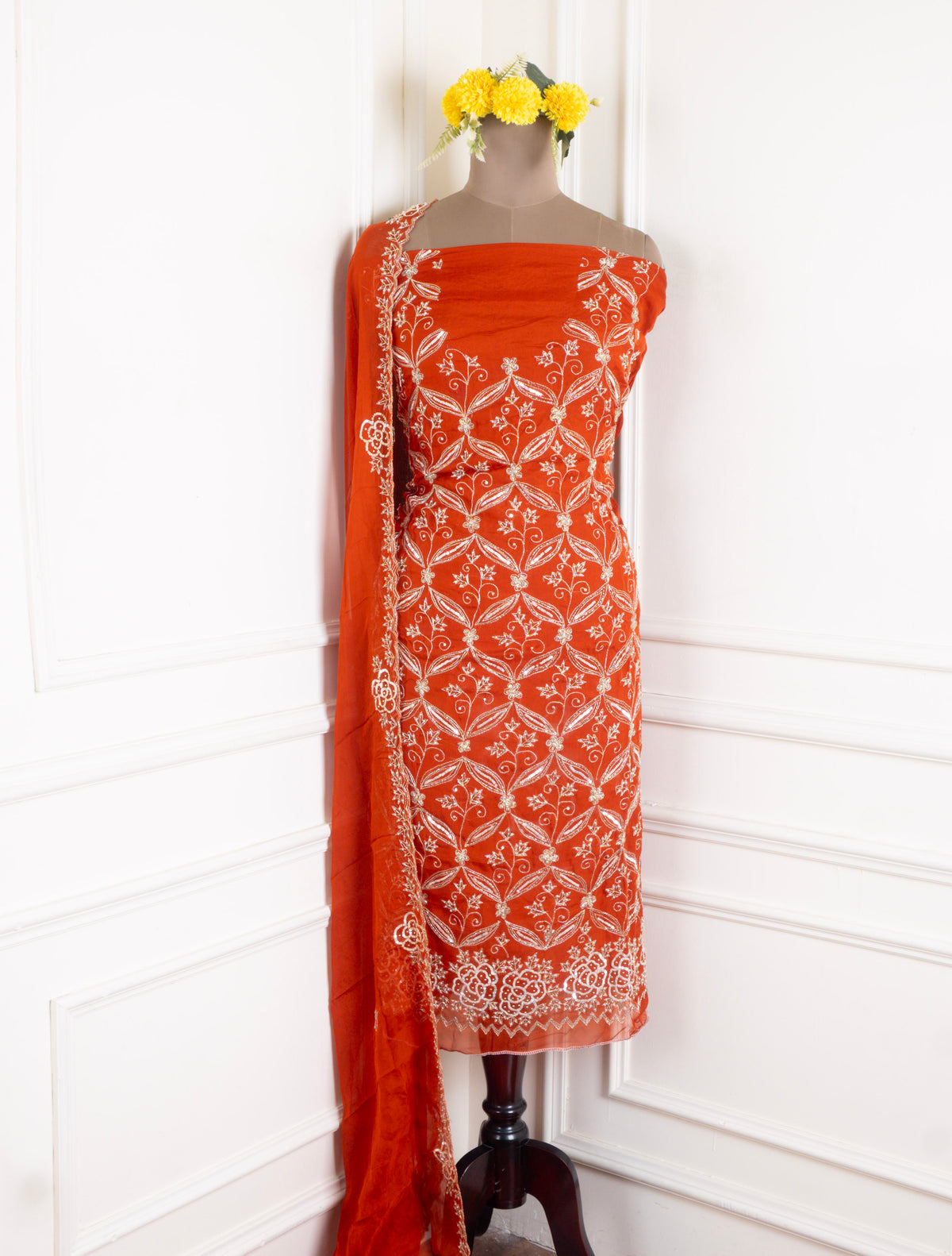 Organza Orange Unstitched Suit