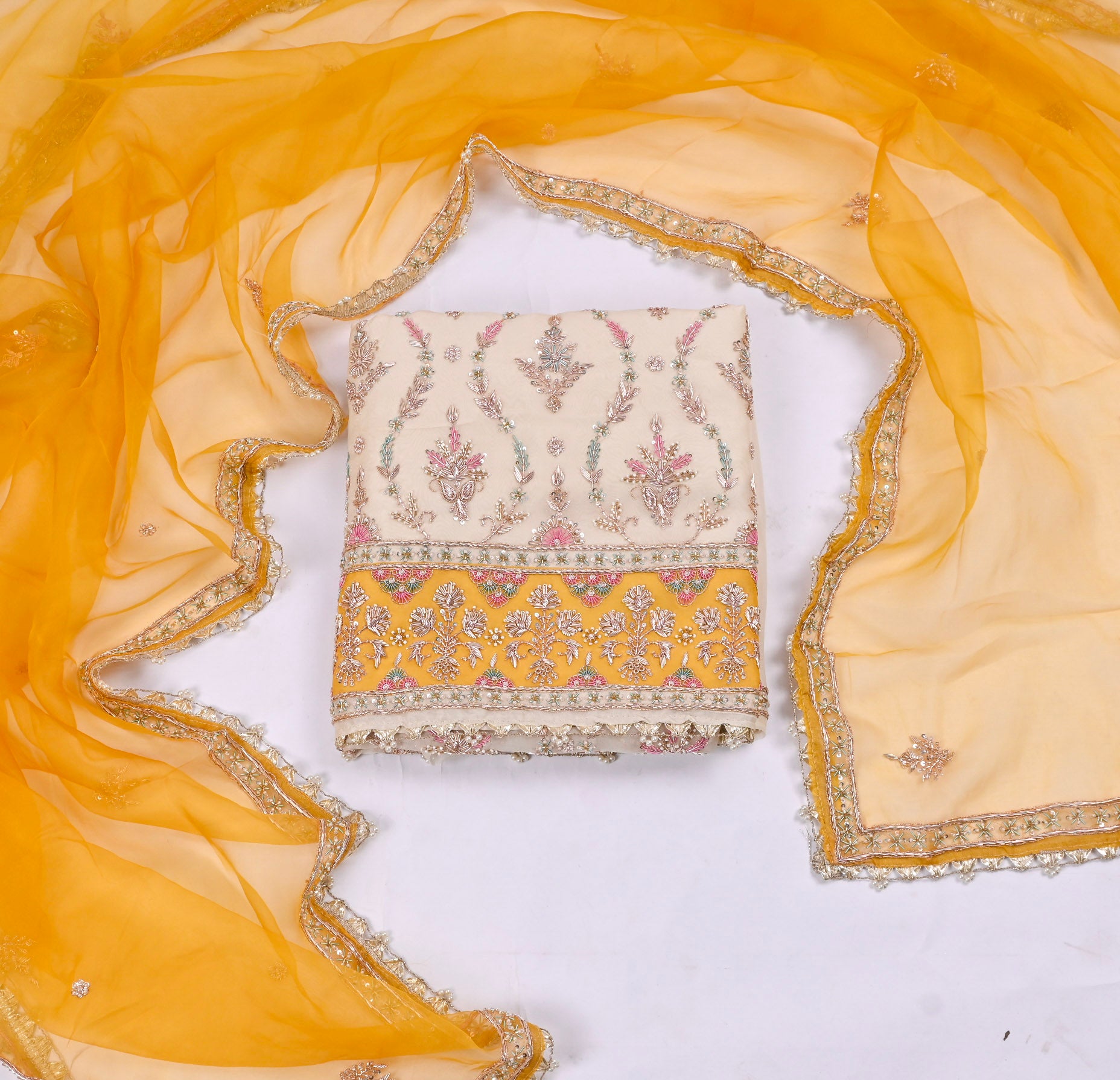 Organza Yellow Unstitched Suit