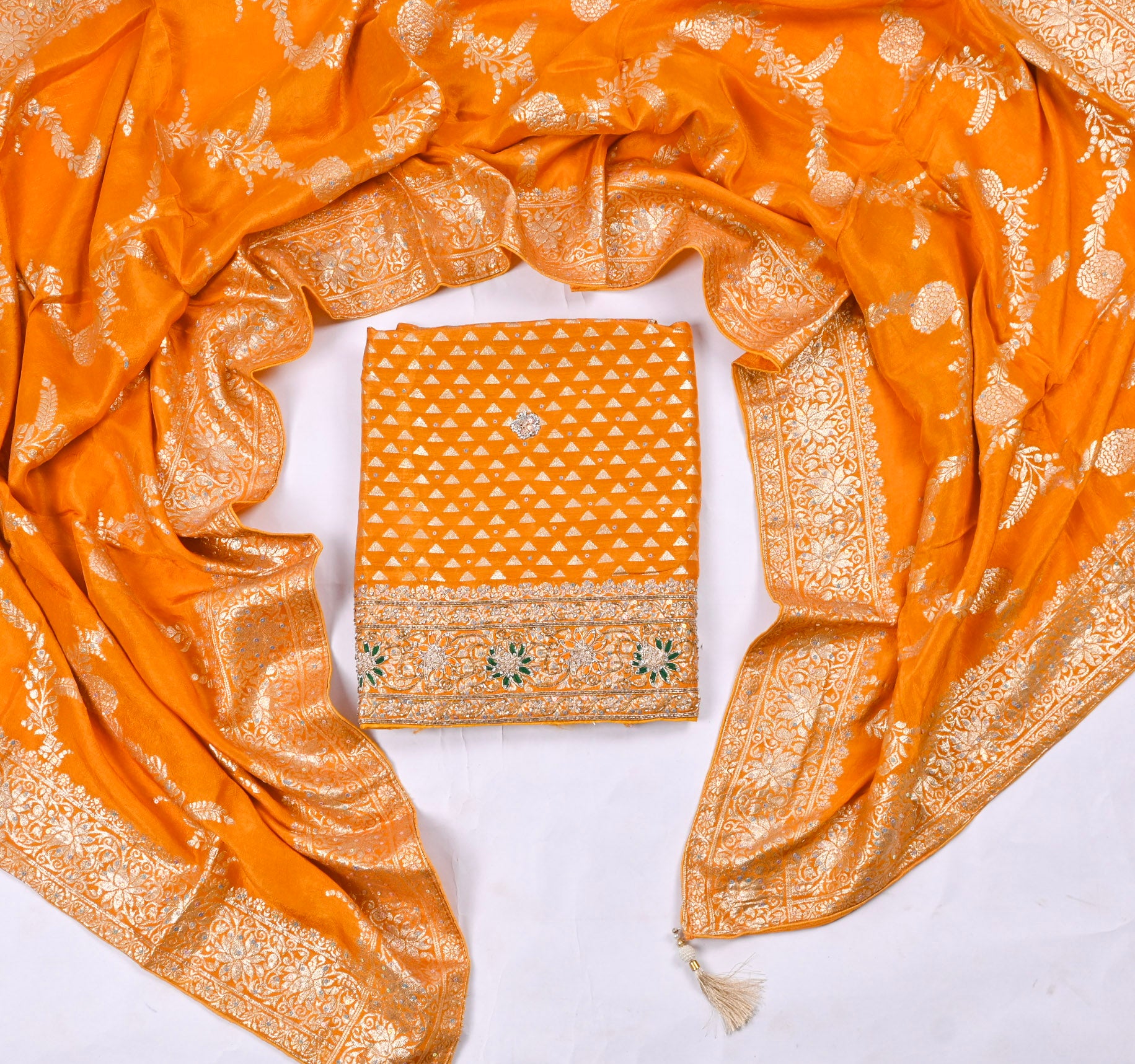 Banarasi Silk Yellow Unstitched Suit