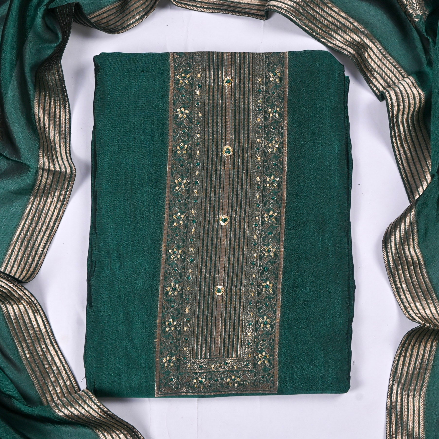 Banarasi Silk Teal Green Unstitched Suit
