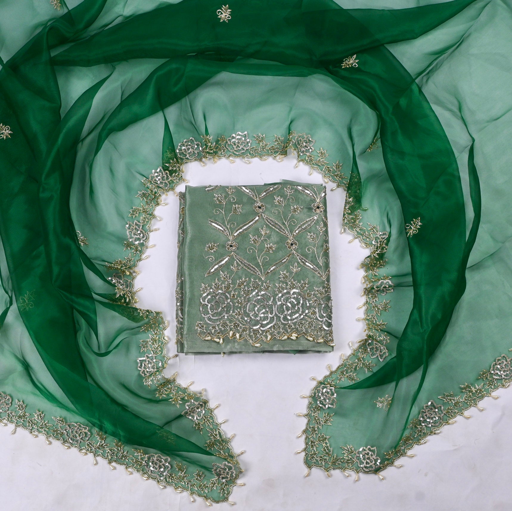 Glass Organza Pista Green Unstitched Suit