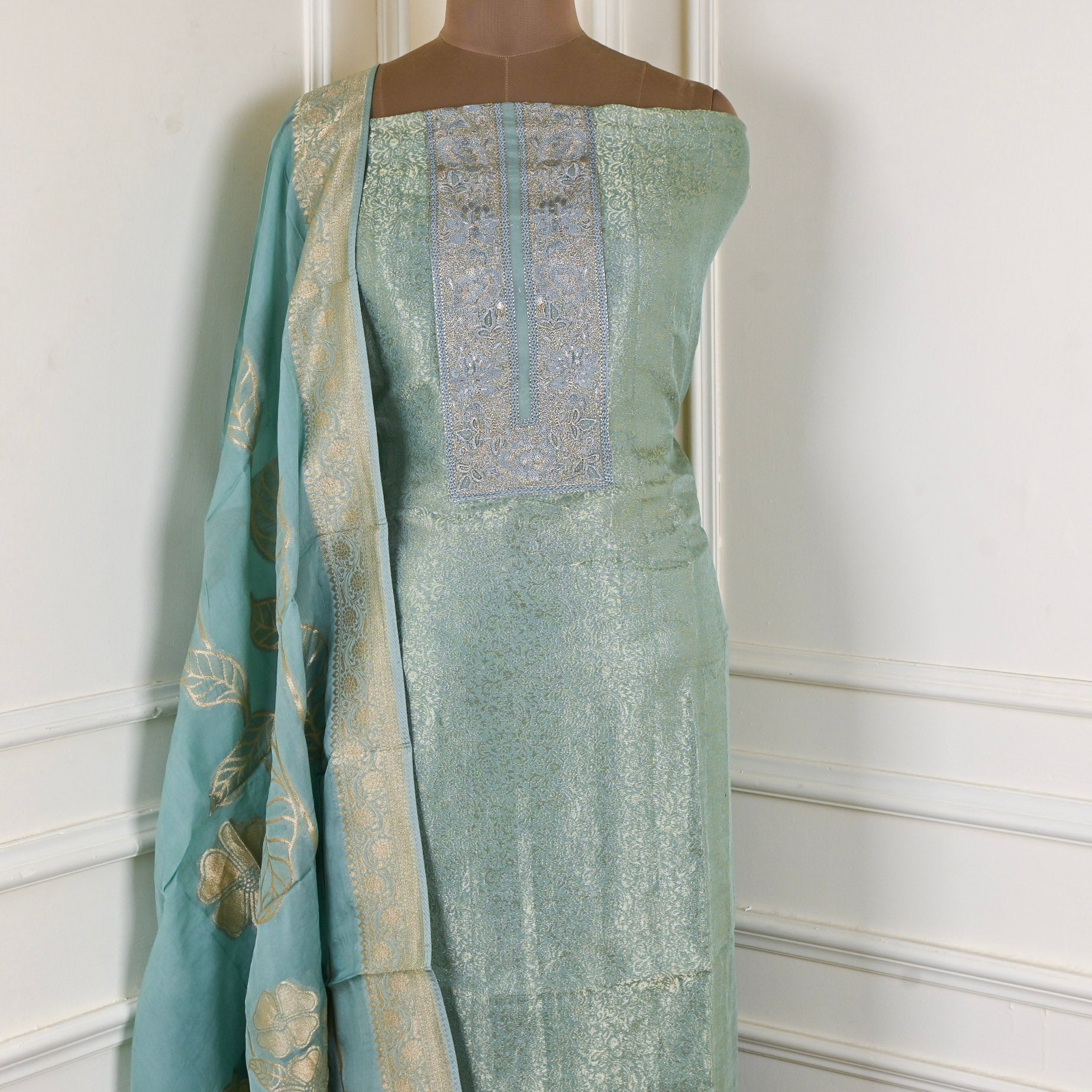 Banarasi Silk Pista Green Unstitched Suit
