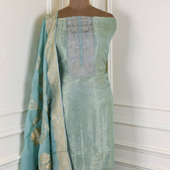 Banarasi Silk Pista Green Unstitched Suit