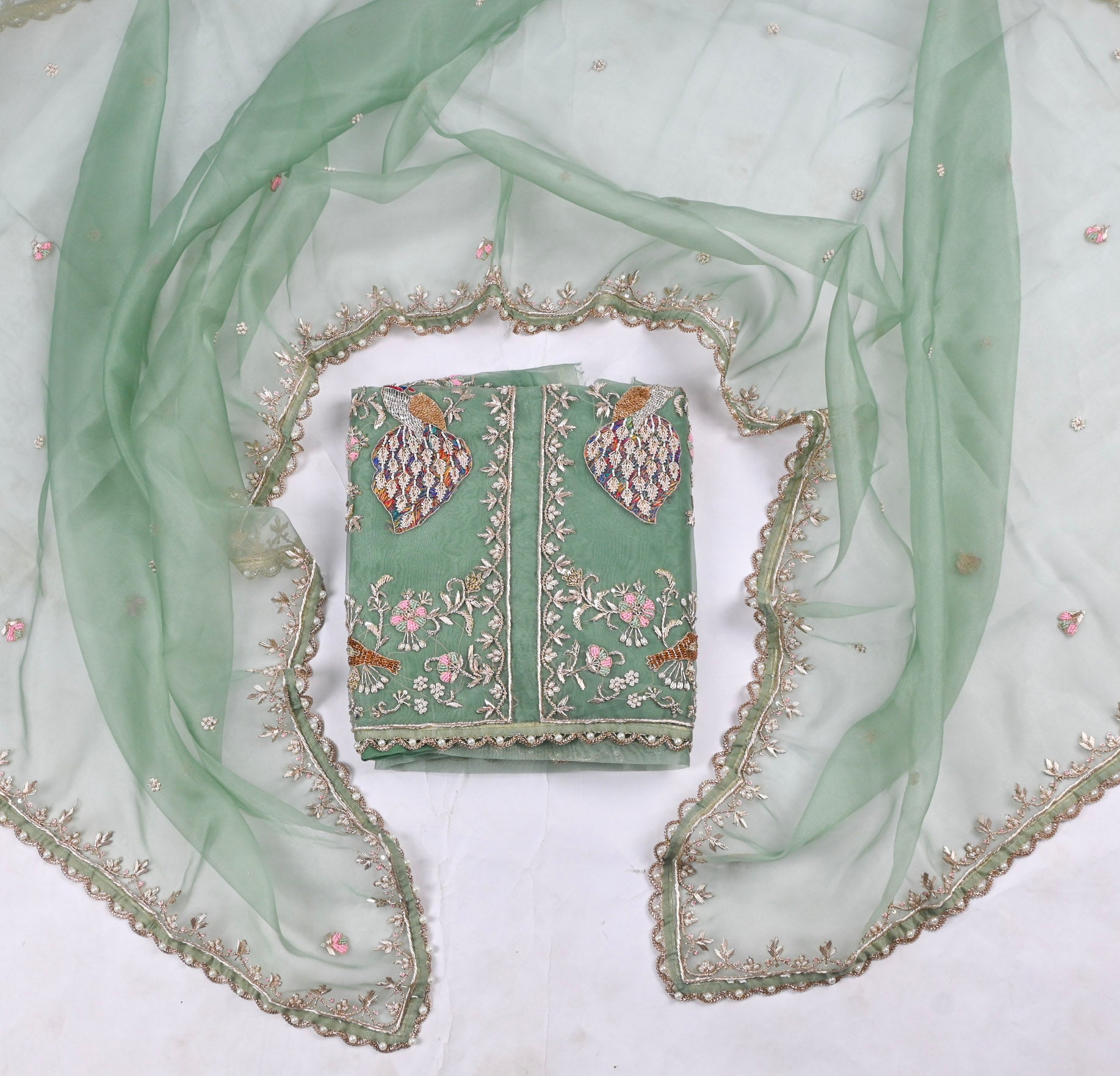 Glass Organza Pista Green Unstitched Suit
