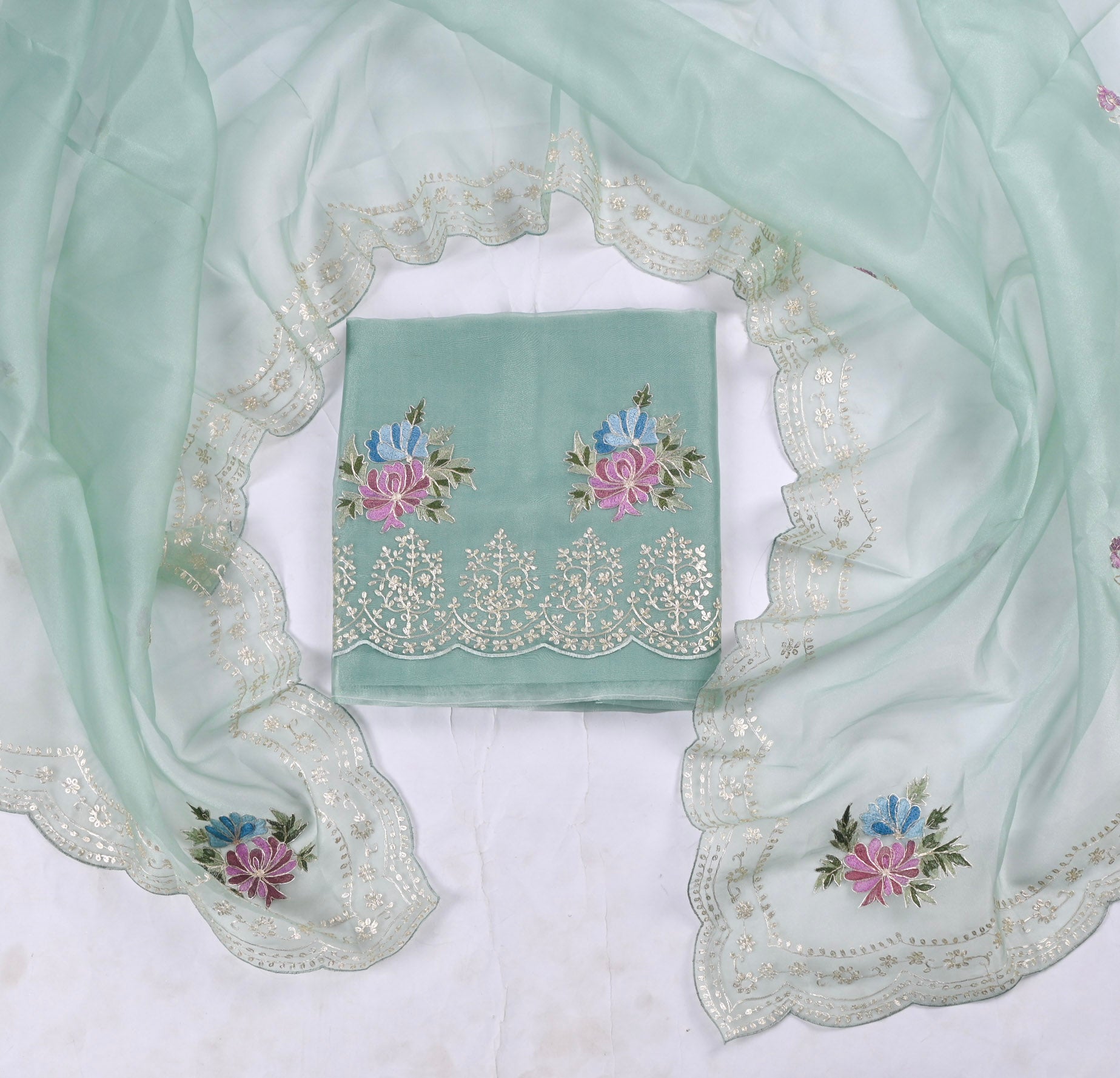 Glass Shimmer Pista Green Unstitched Suit
