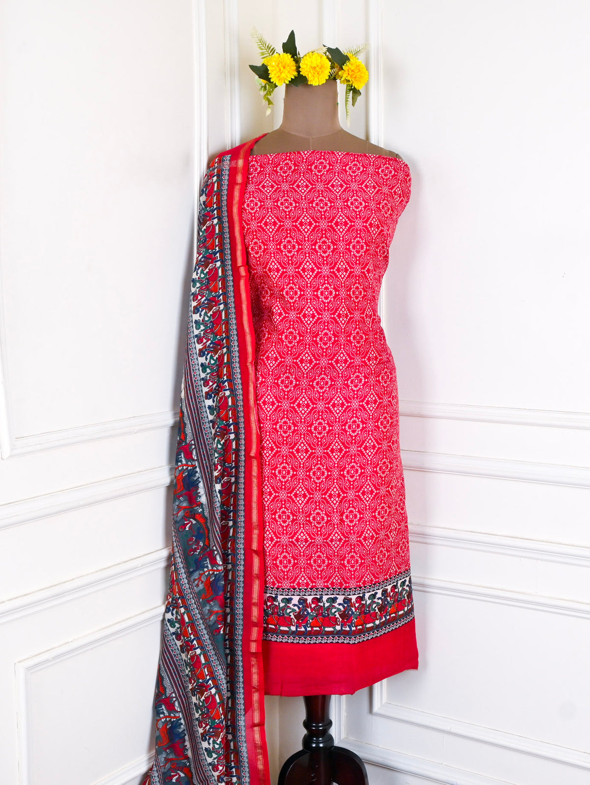 Maheshwari Cotton Red Unstitched Suit
