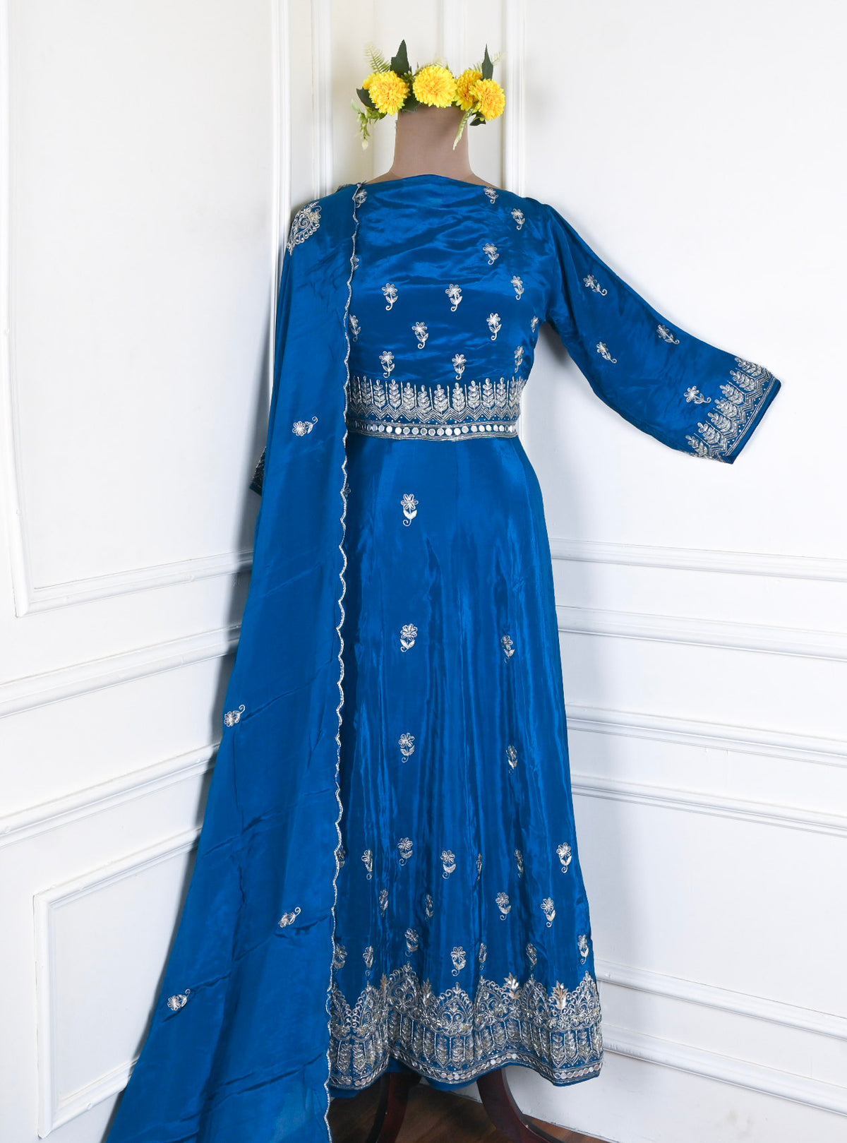 Crepe Blue Semi-Stitched Anarkali Suit