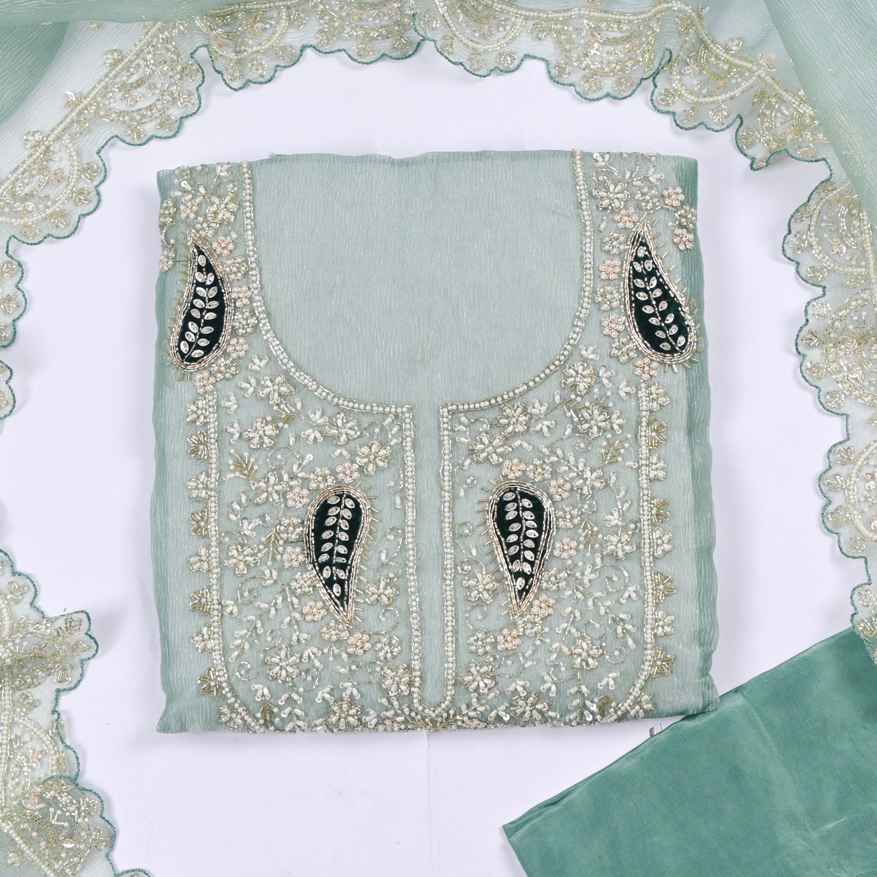 Shimmer Sea Green Unstitched Suit