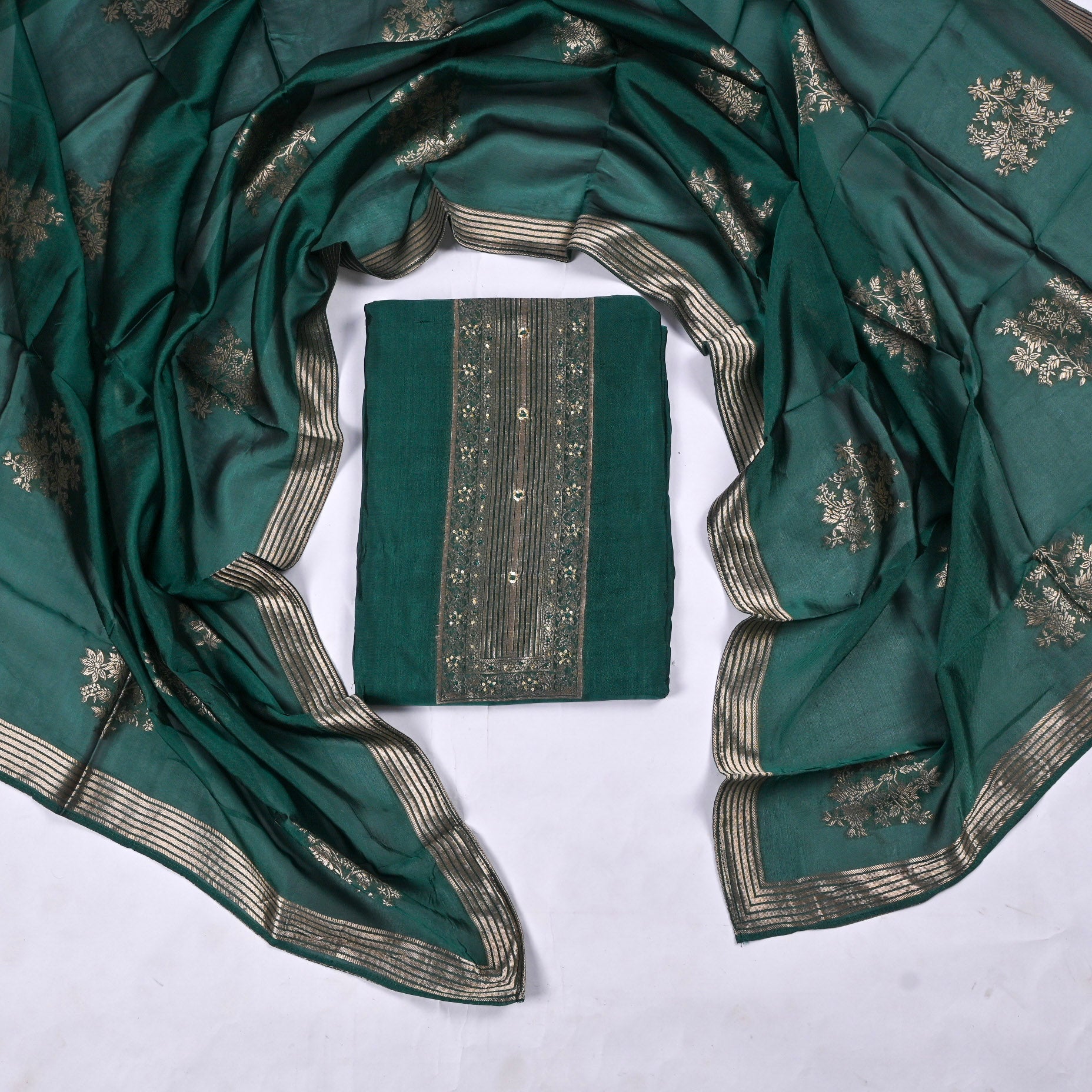 Banarasi Silk Teal Green Unstitched Suit