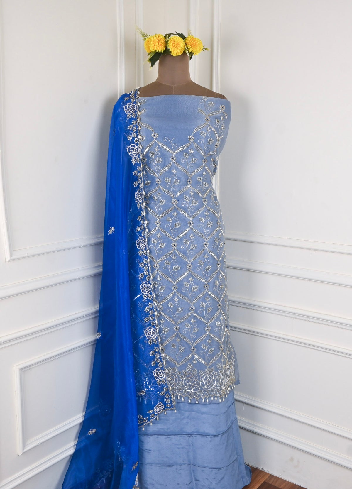 Glass Organza Powder Blue Unstitched Suit