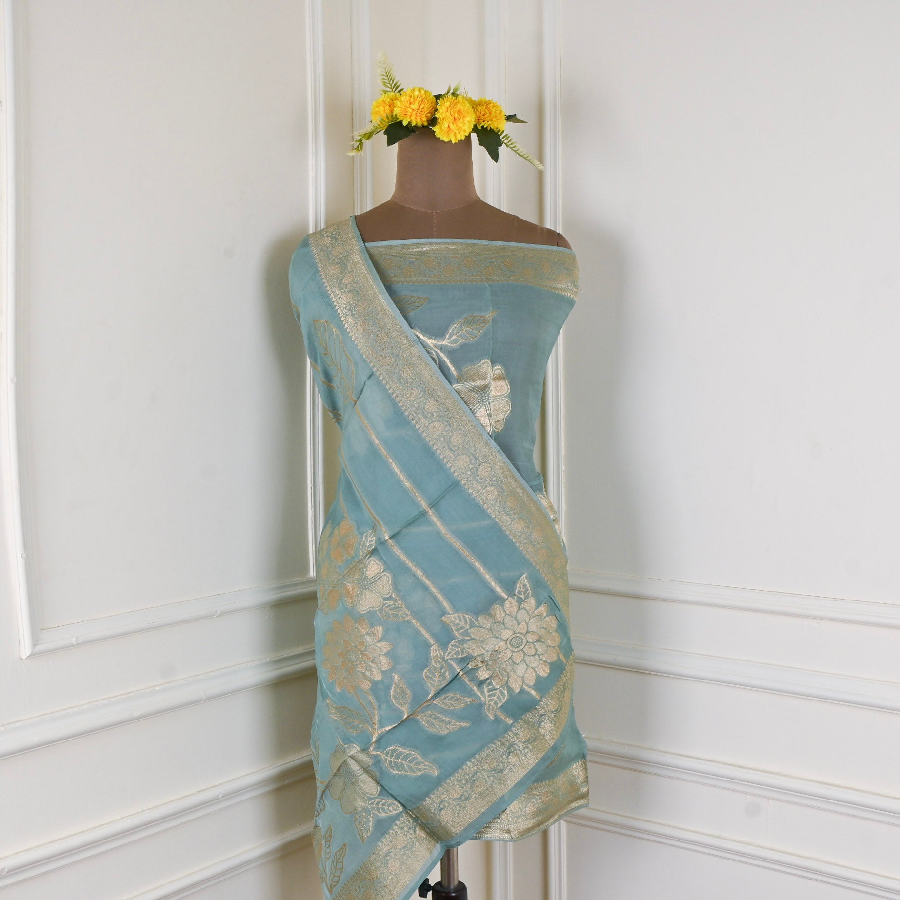 Banarasi Silk Pista Green Unstitched Suit