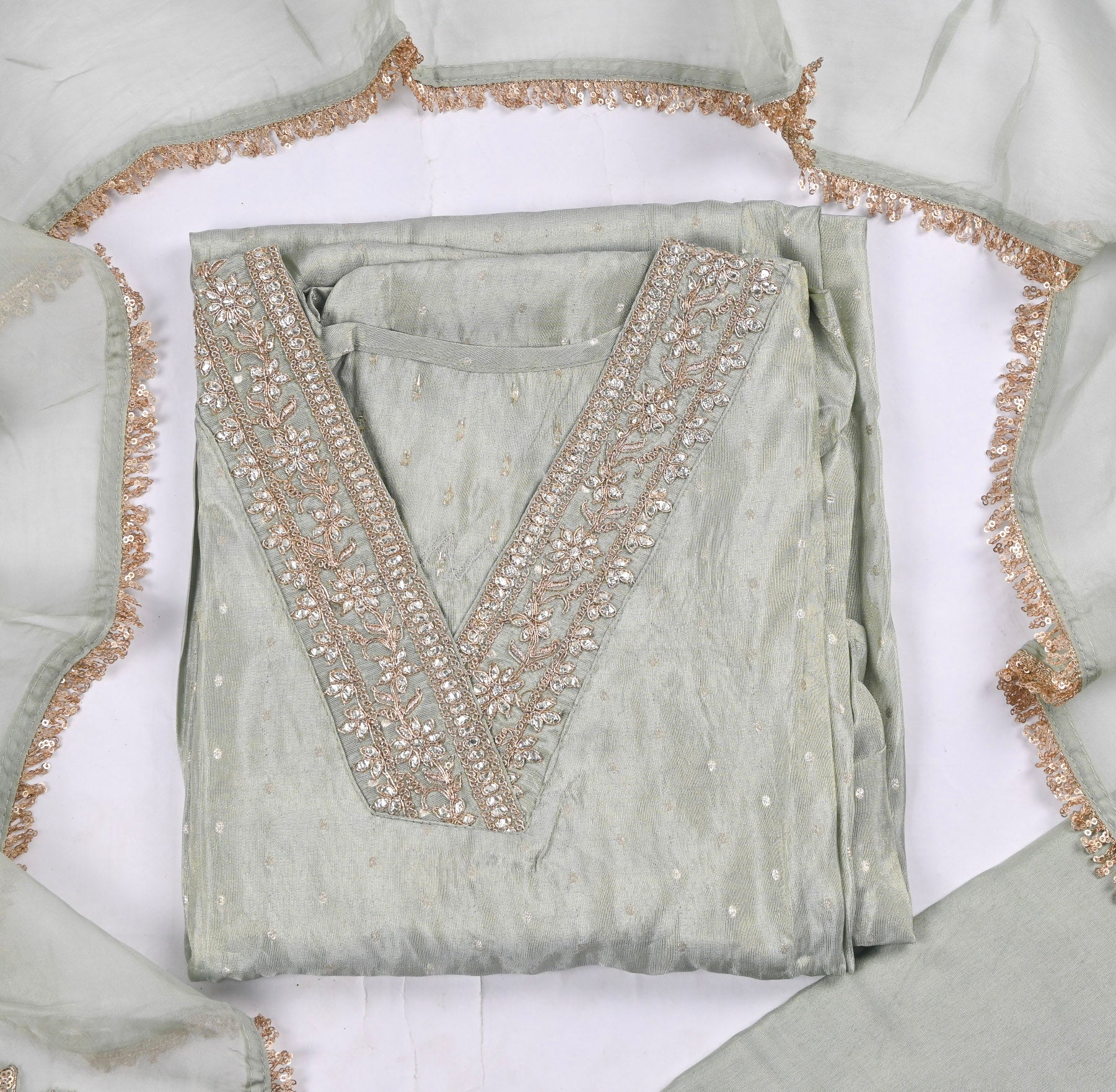 Banarasi Pista Green Unstitched Suit