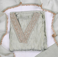 Banarasi Pista Green Unstitched Suit
