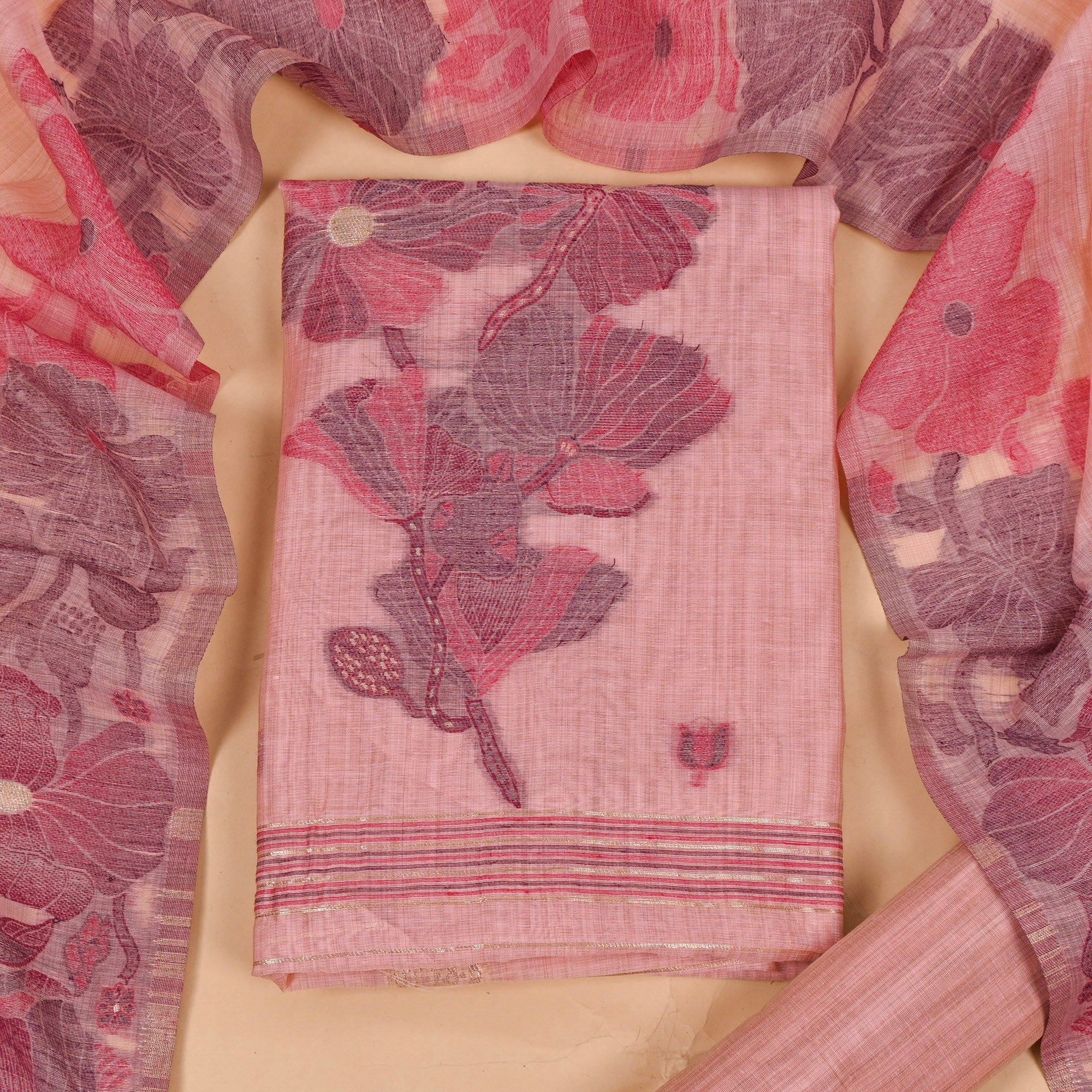 Jamdani Cotton baby Pink Unstitched Suit