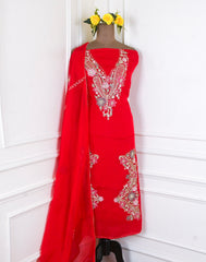 Organza Red Unstitched Suit