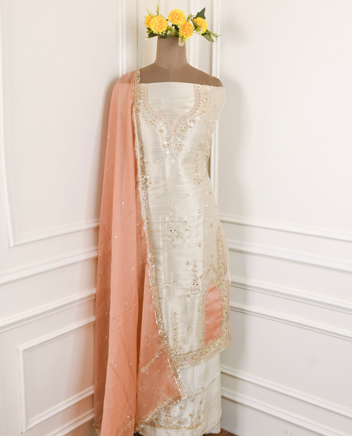Tissue Shimmer Beige Peach Unstitched Suit