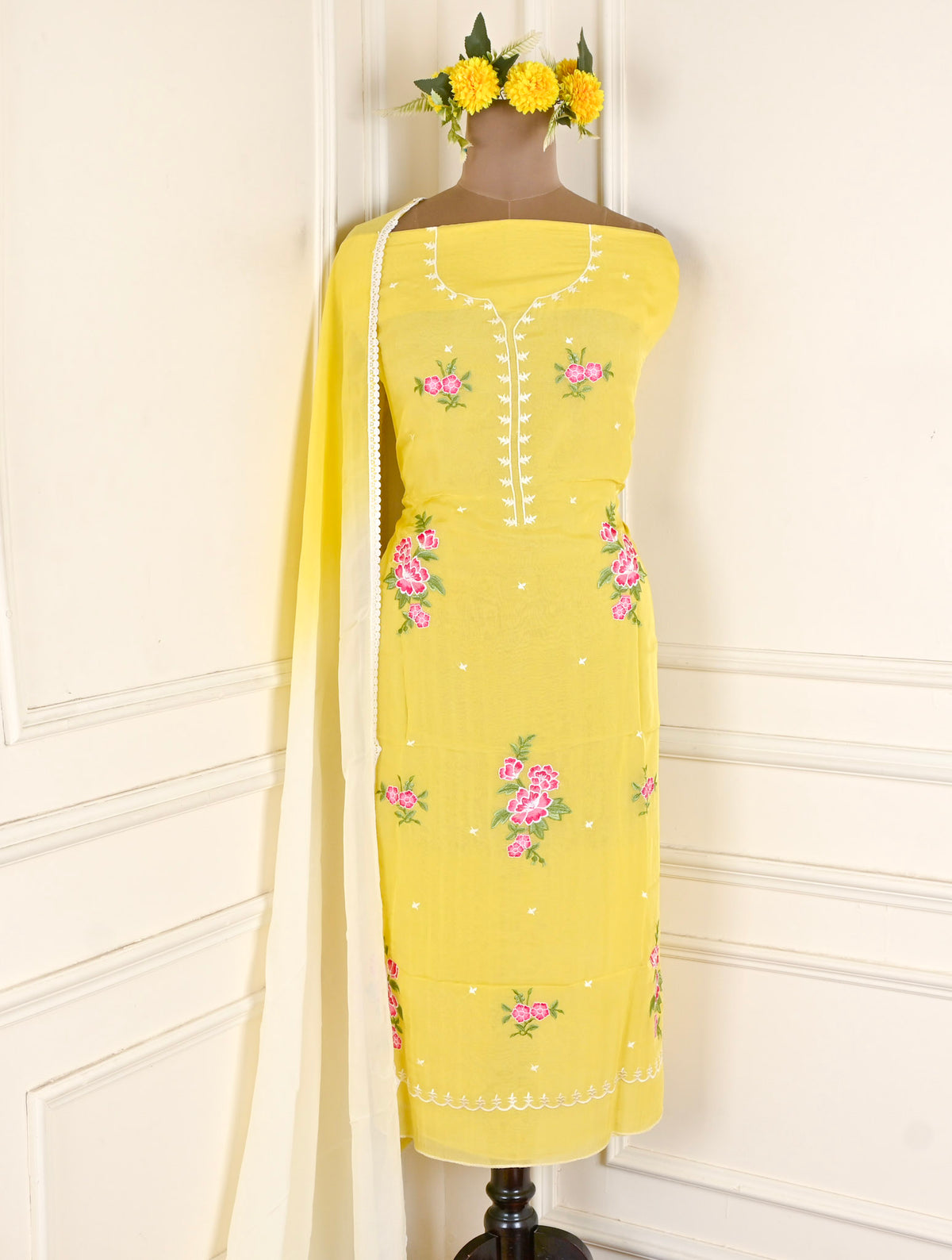 Organza Yellow floral Unstitched Suit
