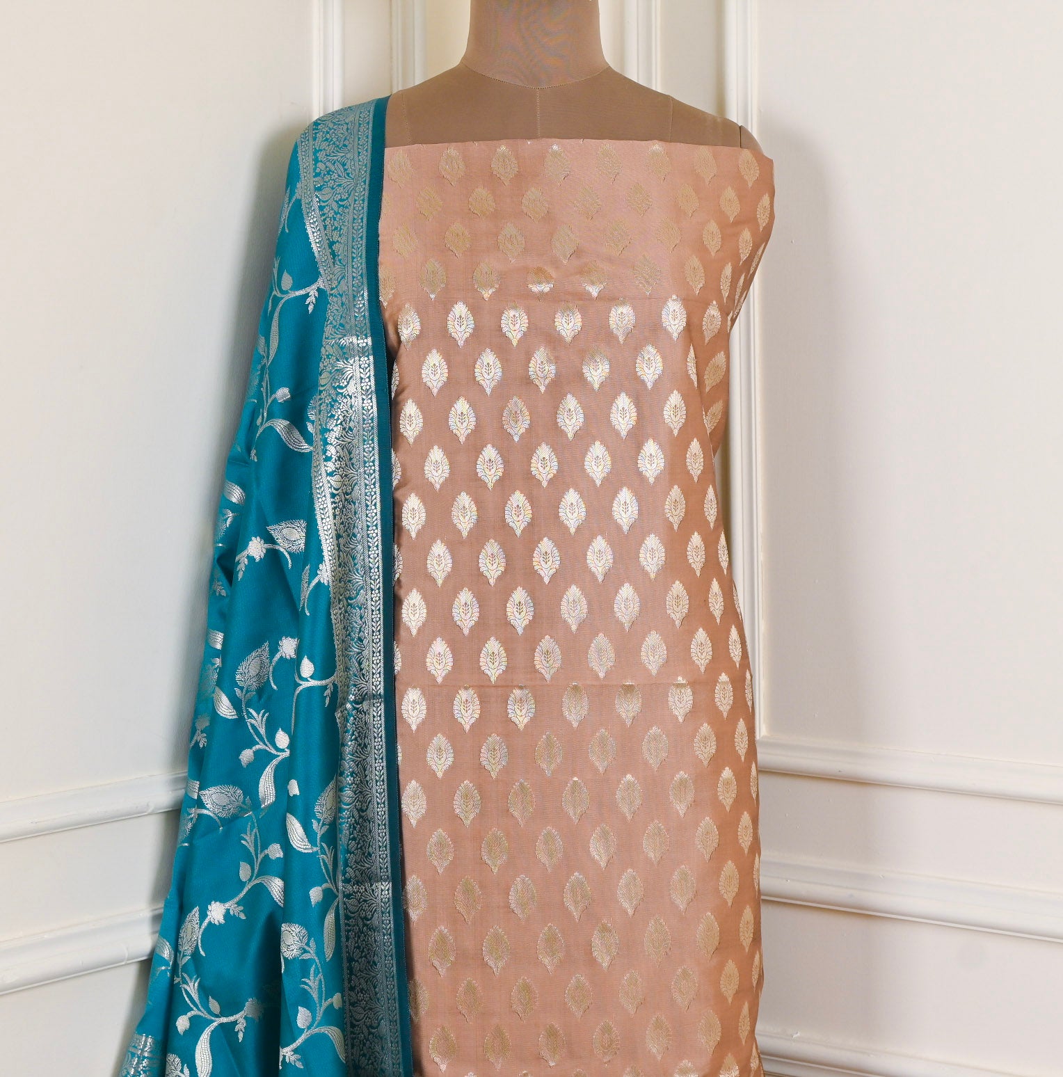 Banarasi Silk Beige Unstitched Suit