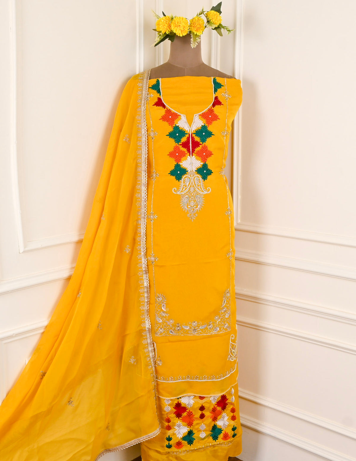 Organza Yellow Unstitched Suit