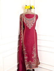 Satin Organza Maroon Unstitched Suit