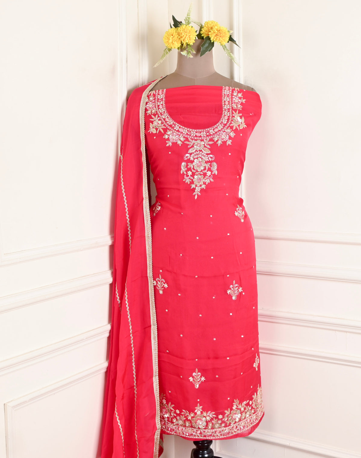 Twill Organza Red Unstitched Suit