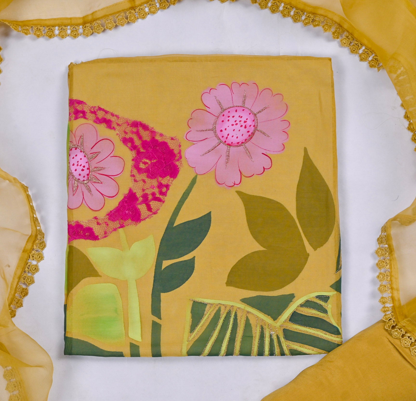 Organza Yellow Unstitched Suit