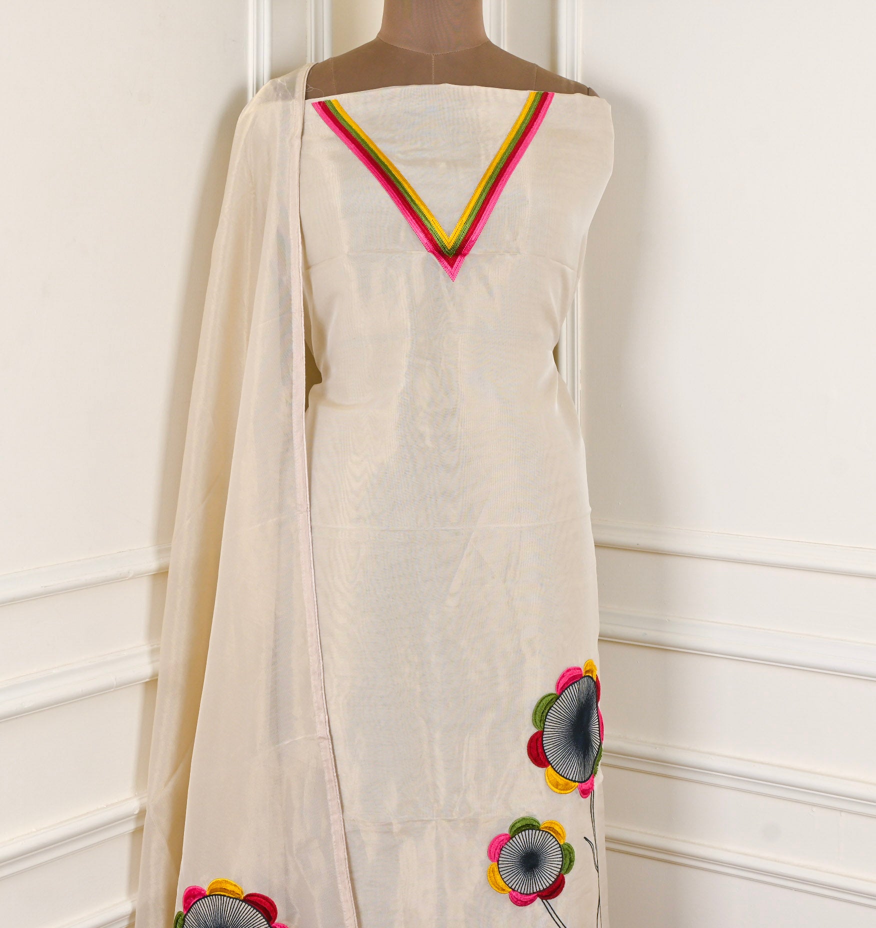 Pure Tissue Kanjivaram Beige Unstitched Suit