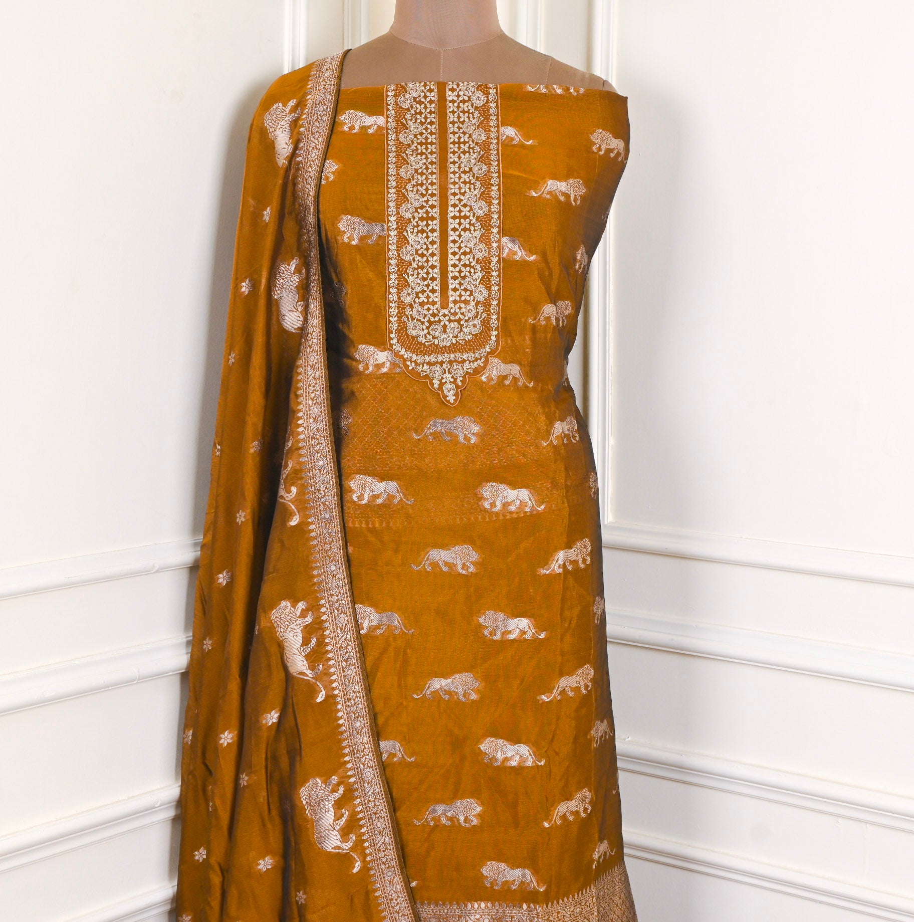 Banarasi Mustard Brown Unstitched Suit