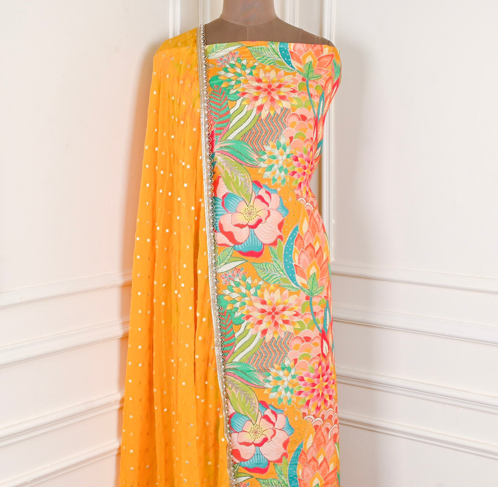 Banarasi Silk Yellow Mustard Unstitched Suit