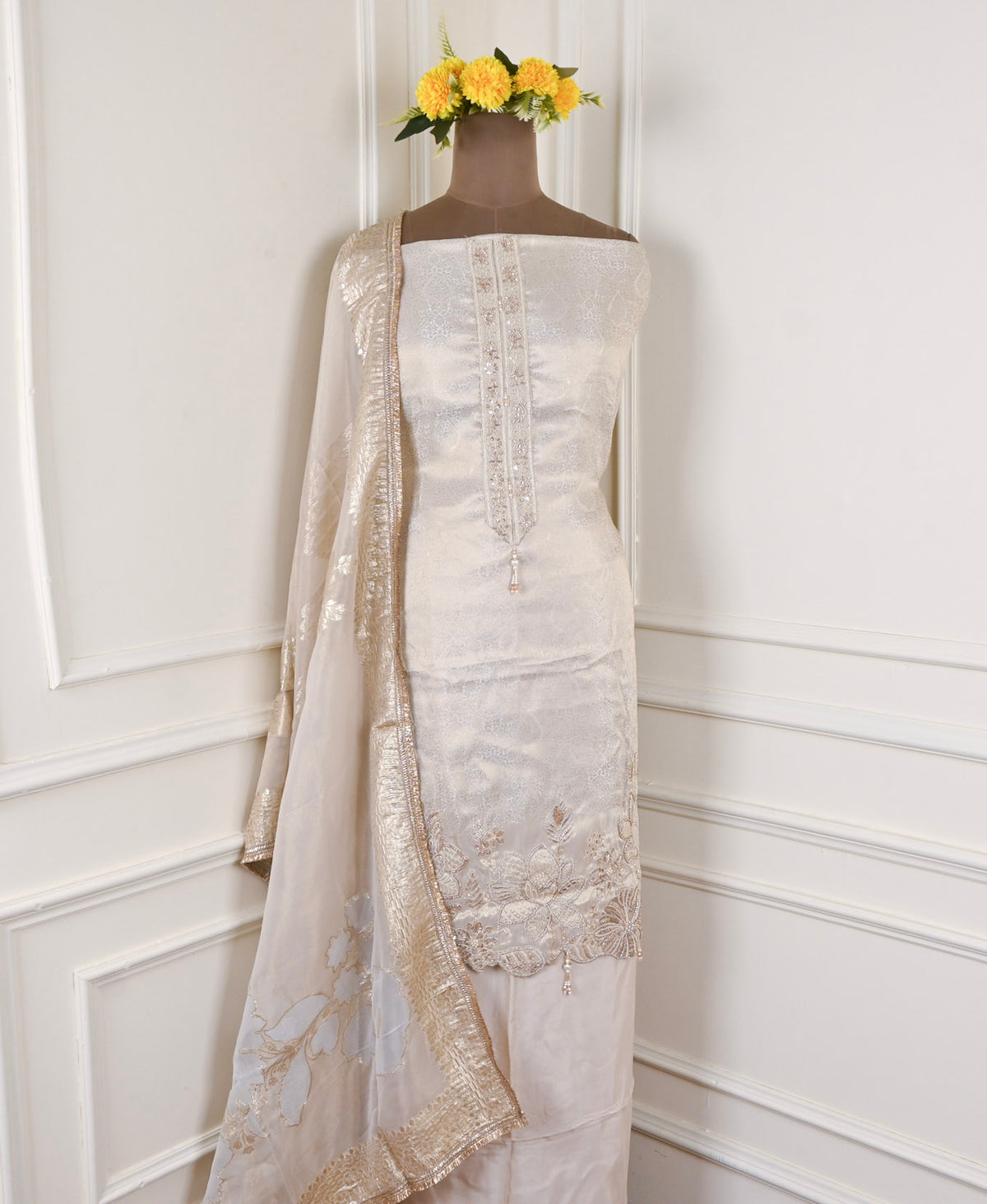 Banarasi Silk Beige Unstitched Suit