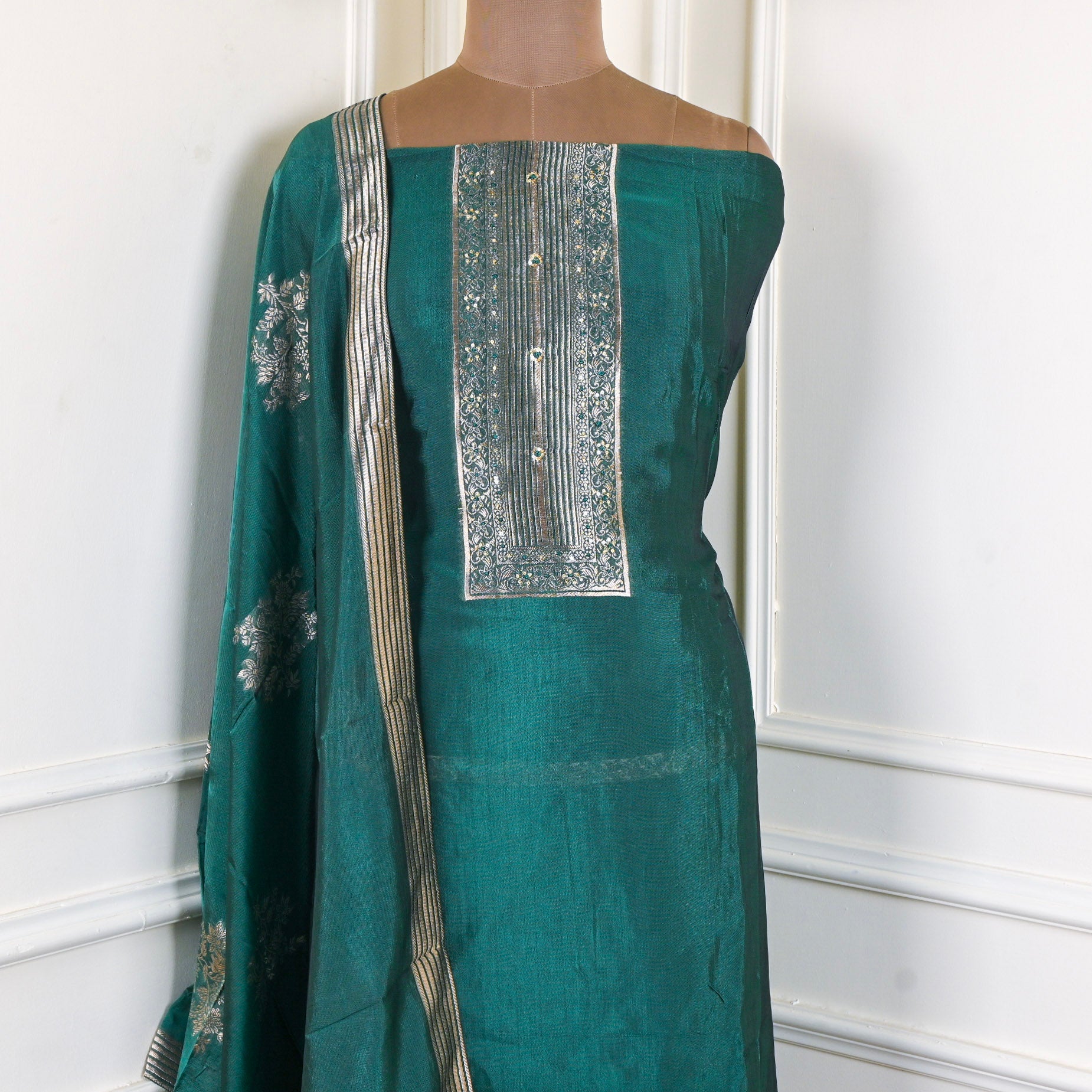 Banarasi Silk Teal Green Unstitched Suit