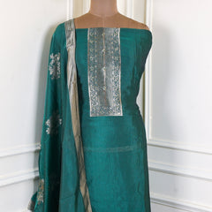 Banarasi Silk Teal Green Unstitched Suit