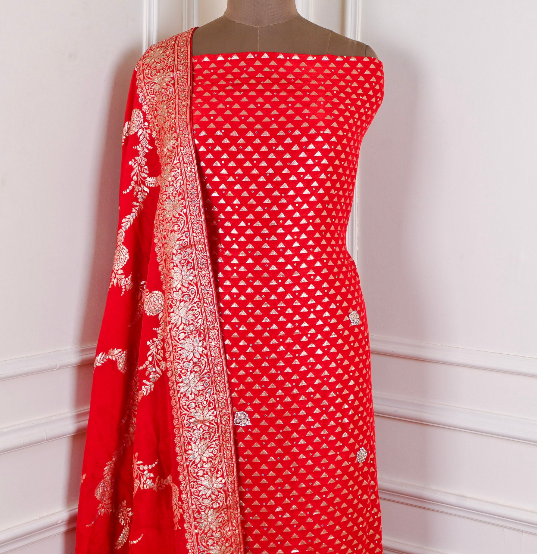 Banarasi Silk Red Unstitched Suit