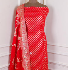 Banarasi Silk Red Unstitched Suit