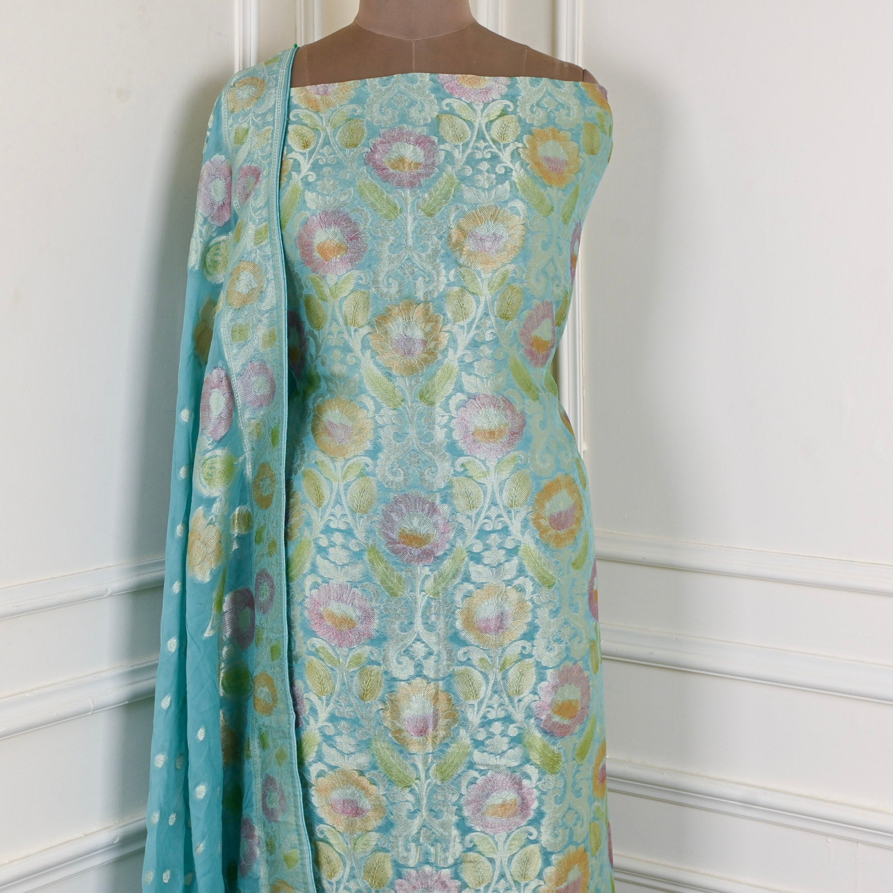 Banarasi Steel Blue Unstitched Suit
