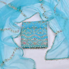 Organza Sky Blue Unstitched Suit