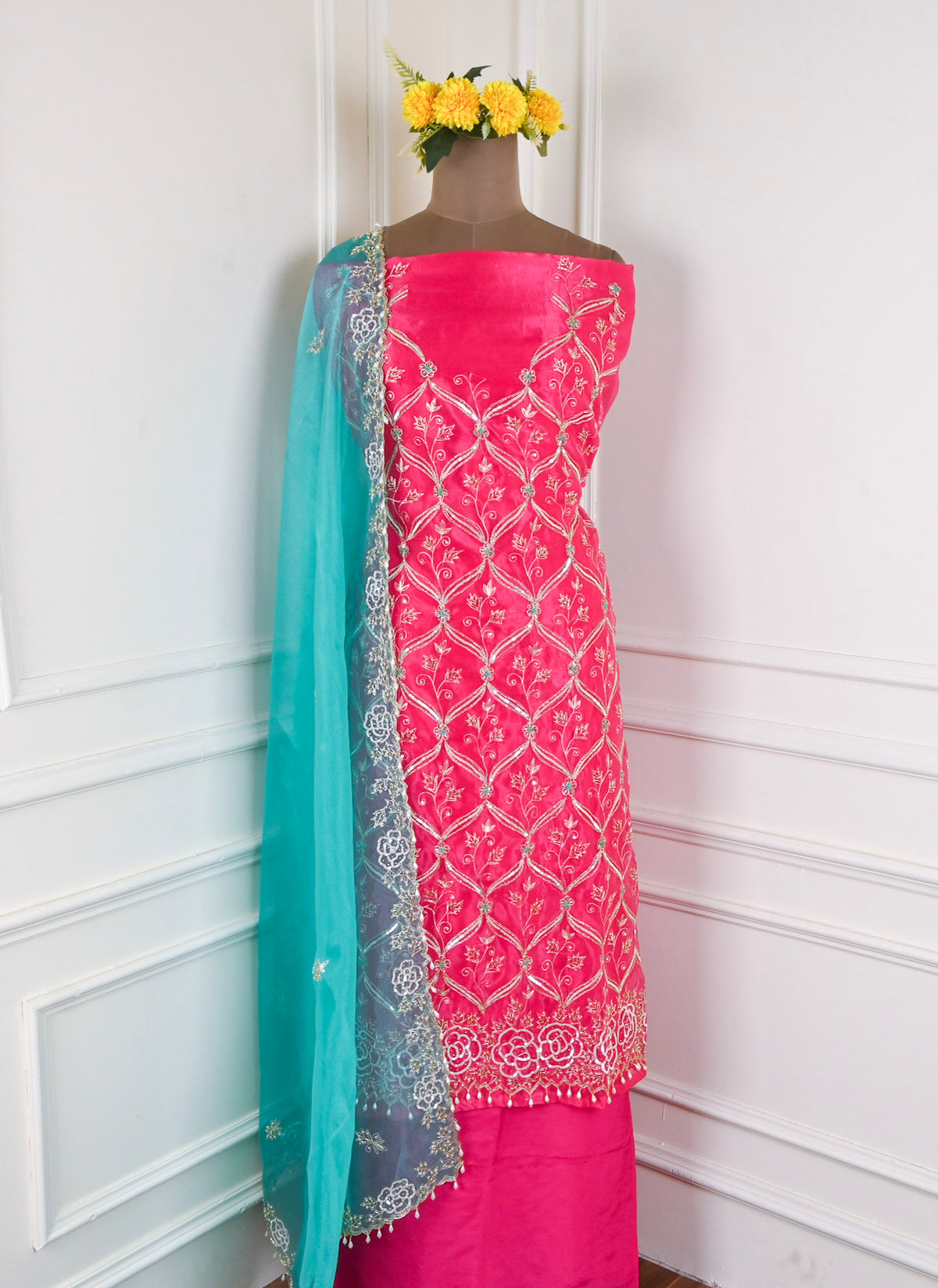 Glass Organza Magenta Unstitched Suit