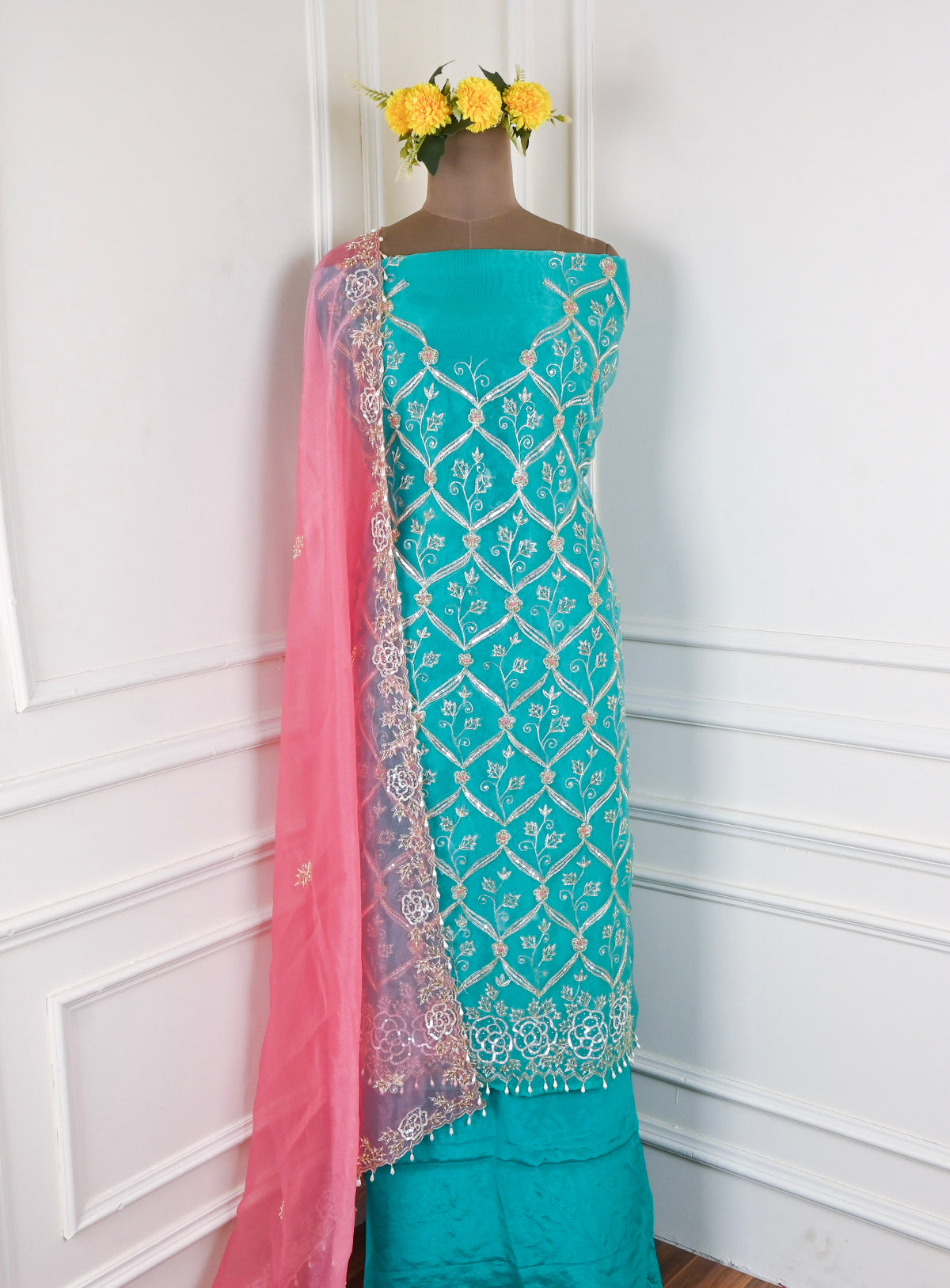 Glass Organza Ferozi Unstitched Suit