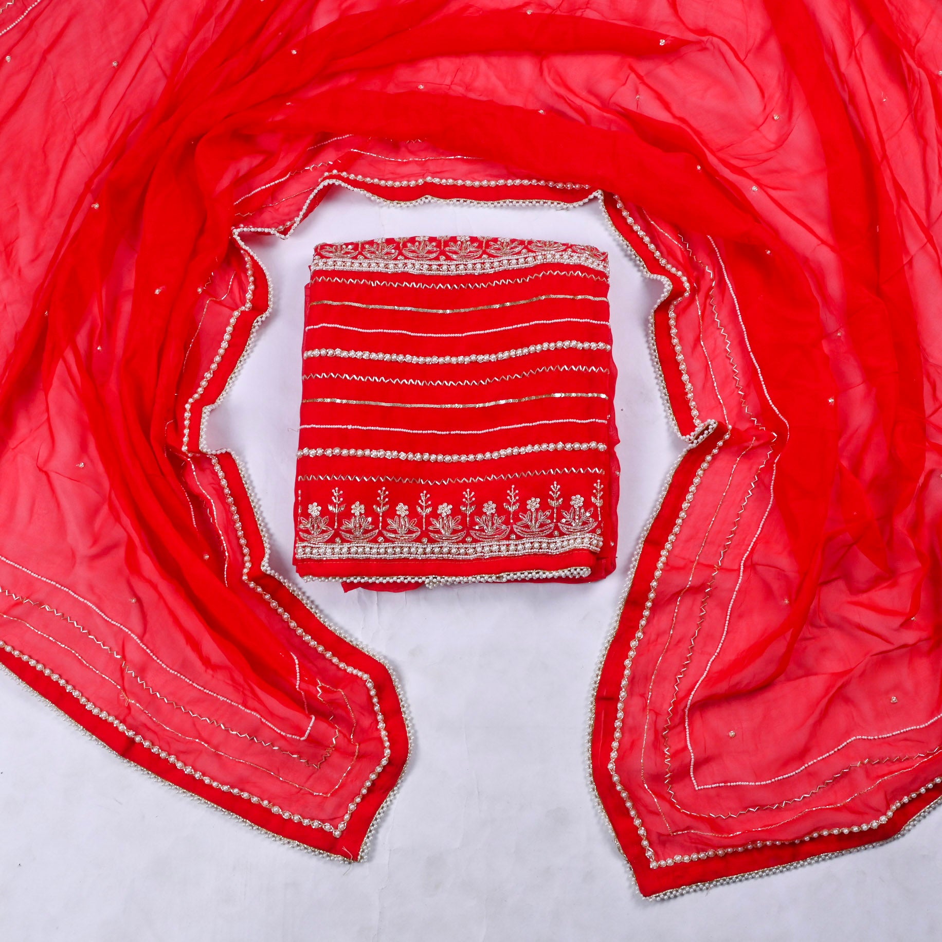 Organza Red Unstitched Suit