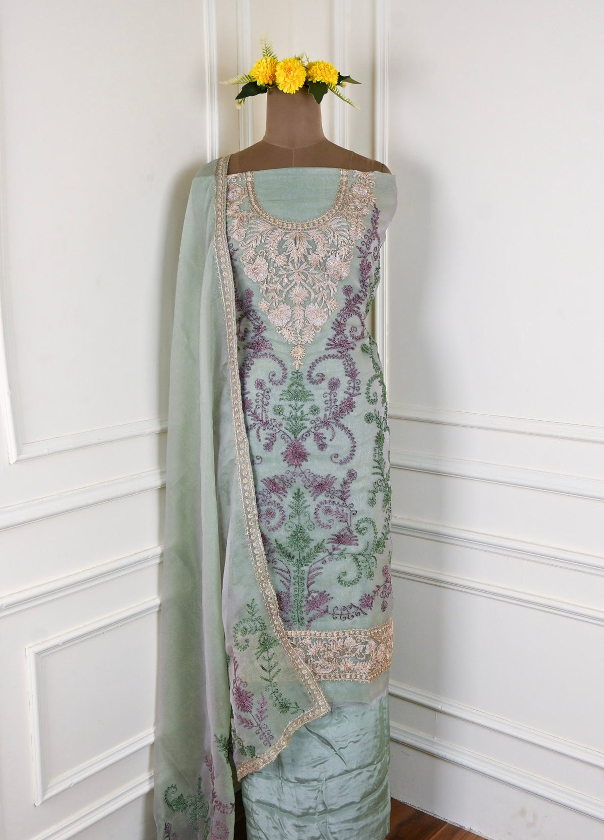 Crush Shimmer Pista Green Unstitched Suit