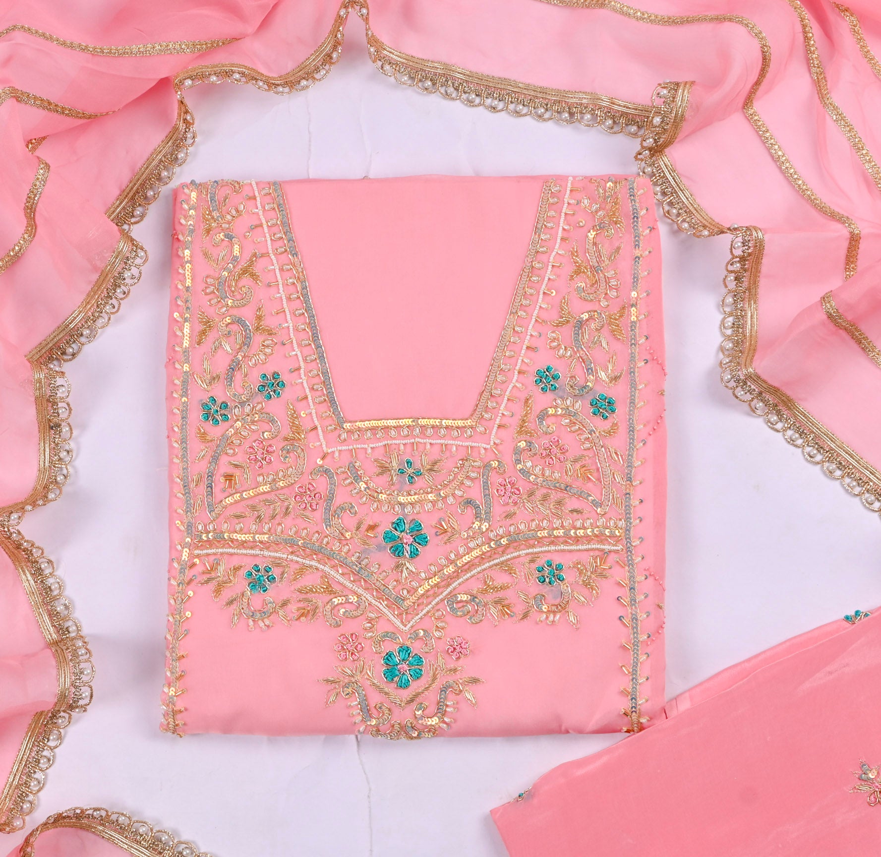 Organza Pink Unstitched Suit
