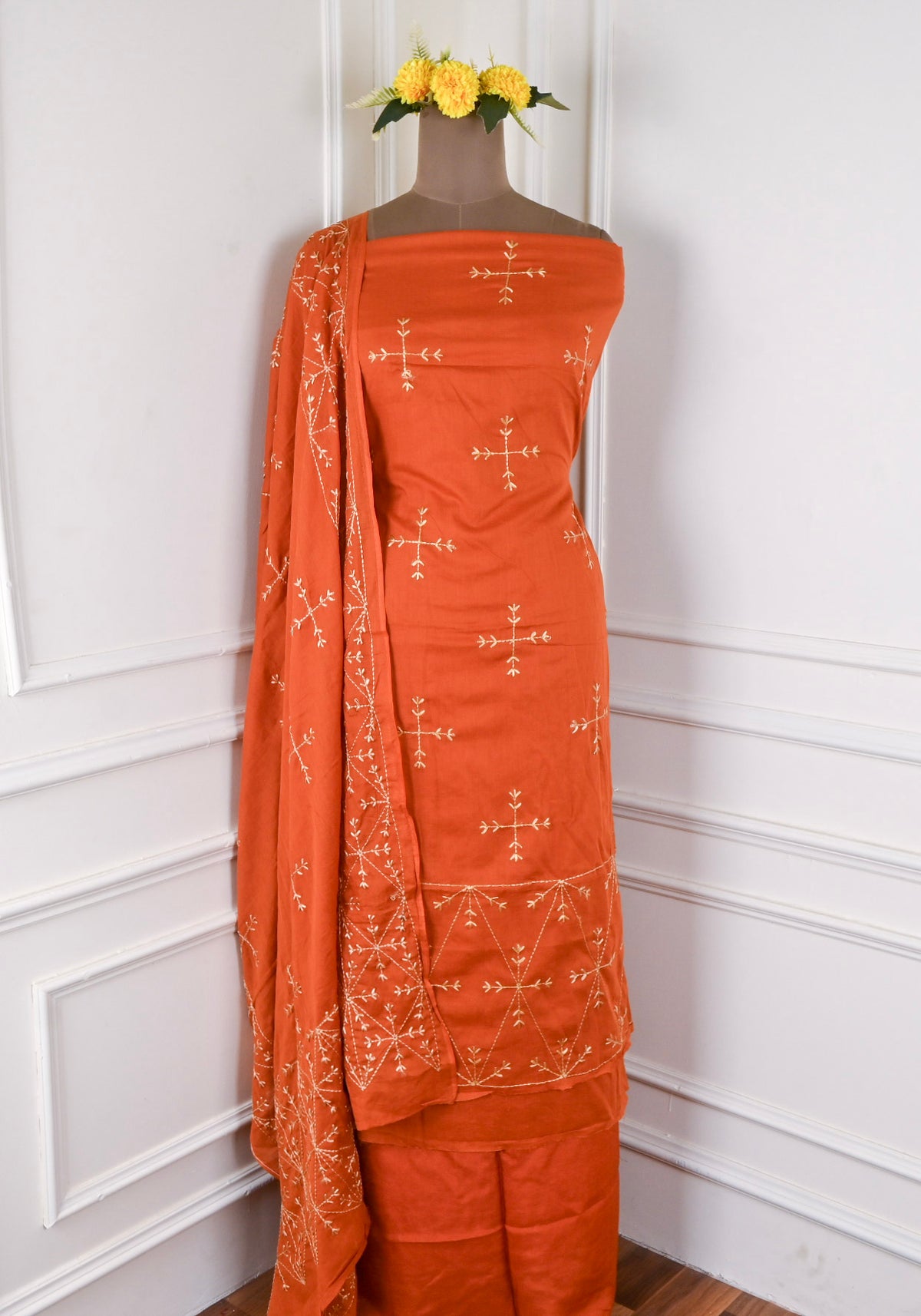 Mul Mul Orange Phulkari Suit