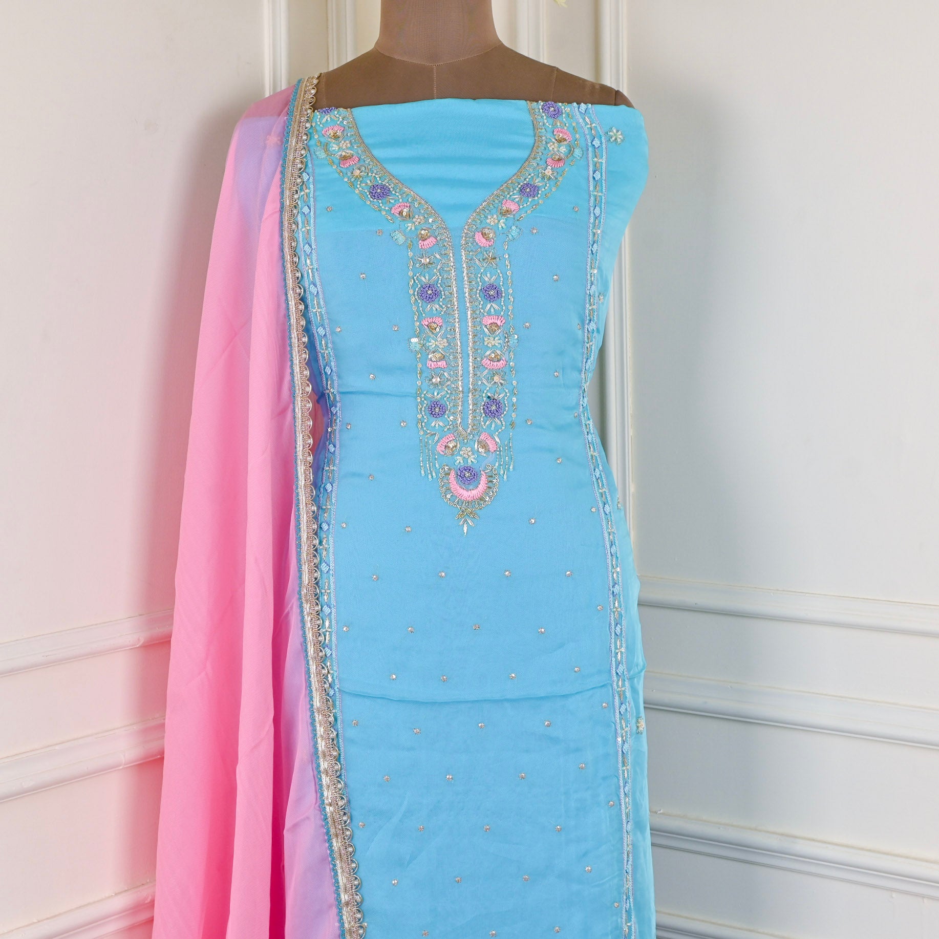 Satin Silk Sky Blue Unstitched Suit