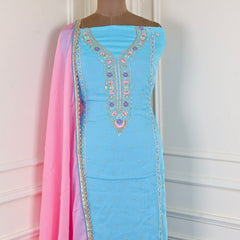 Satin Silk Sky Blue Unstitched Suit