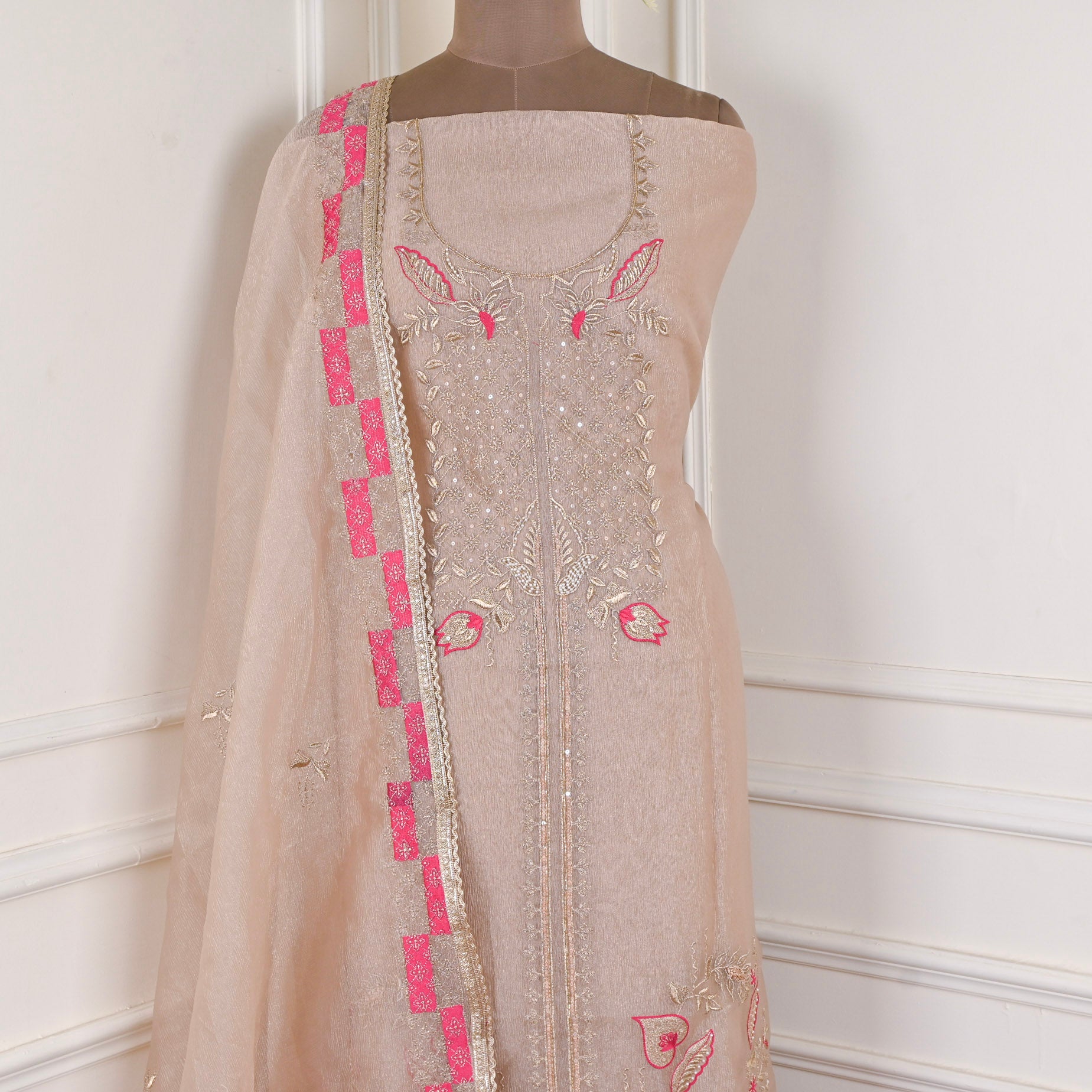 Crush Beige Pink Unstitched Suit