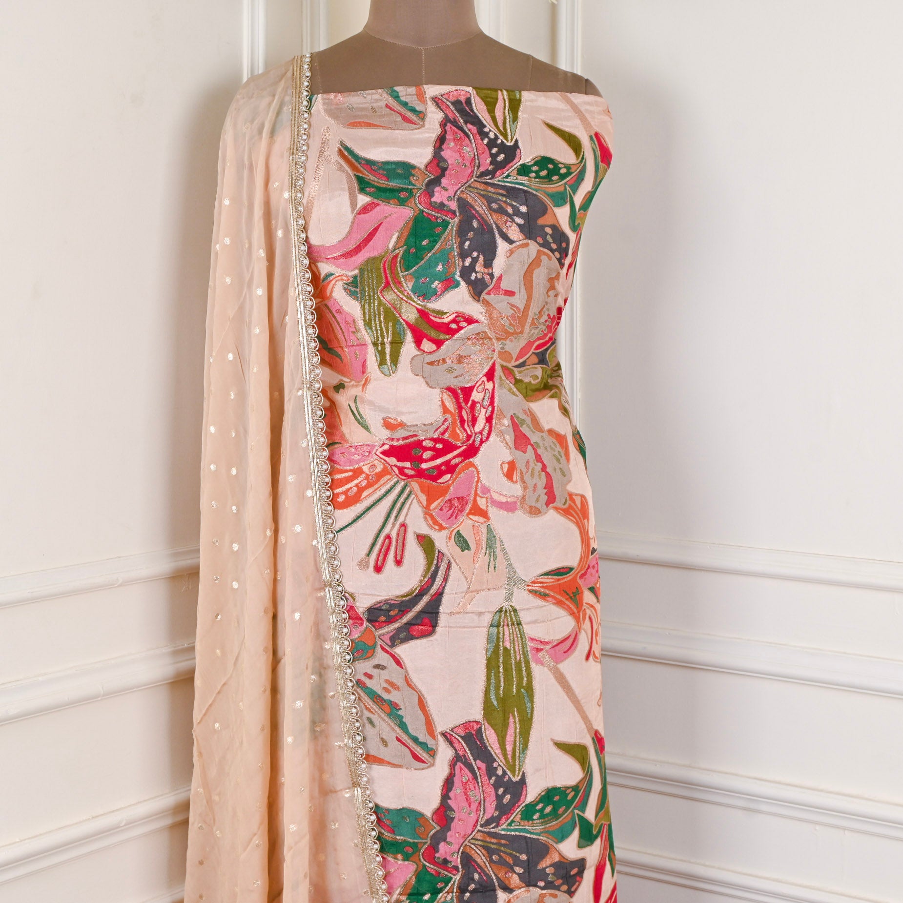 Banarasi Silk Beige Unstitched Suit